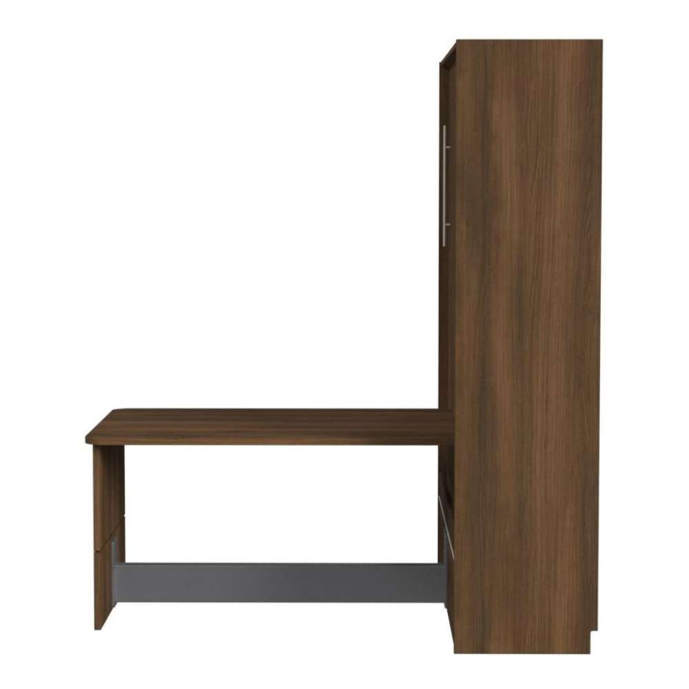 Modern Walnut Inovabed Murphy Bed with Desk in side profile on a white background, closed with the tabletop projecting forward above a dark footrest bar