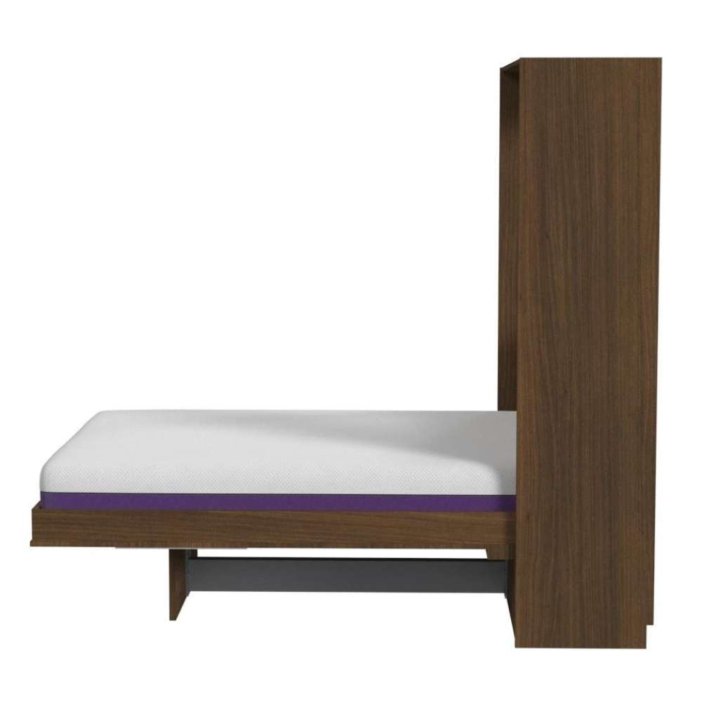 Modern Walnut Inovabed Murphy Bed with Desk in side profile on a white background, opened with a bare mattress and the black metal footrest bar visible under the cabinet