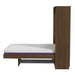 Modern Walnut Inovabed Murphy Bed with Desk in side profile on a white background, opened with a bare mattress and the black metal footrest bar visible under the cabinet