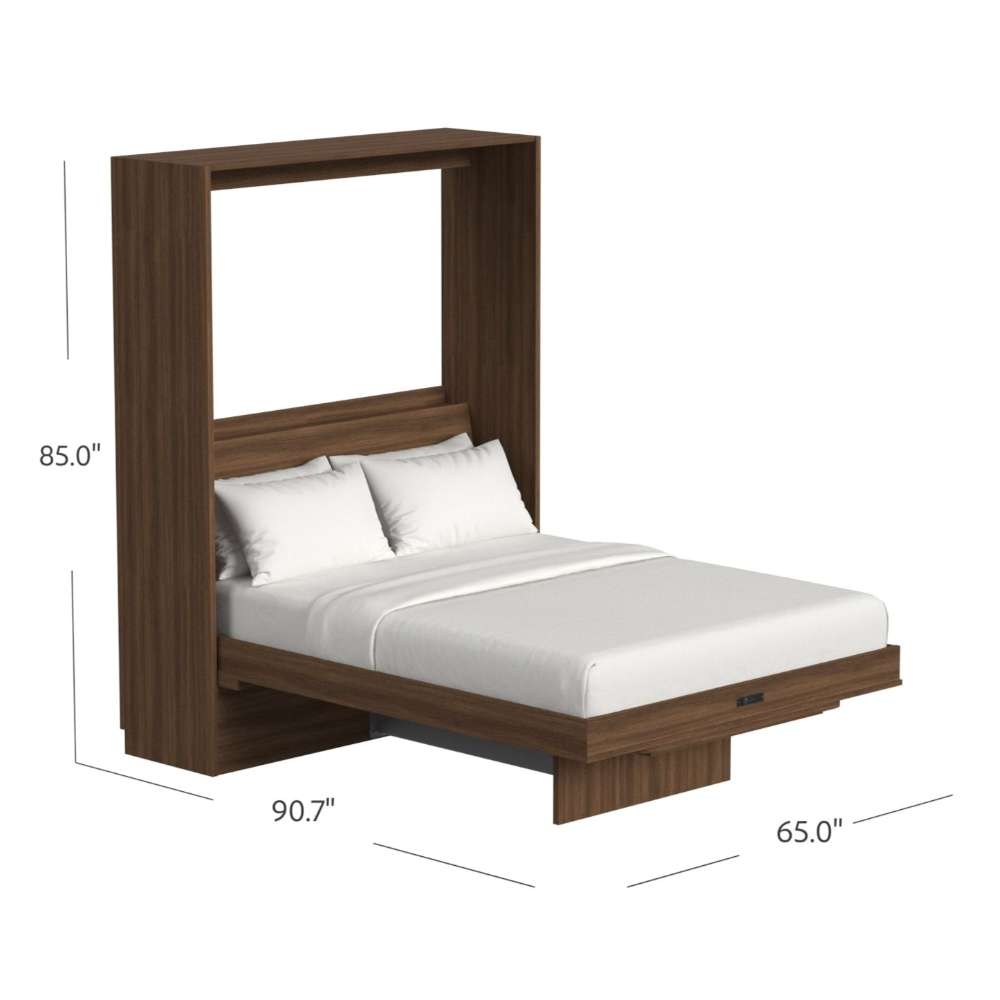 Modern Walnut Inovabed Murphy Bed with Desk opened with white bedding and dimension labels reading 85 inches high, 65 inches wide and 90.7 inches deep