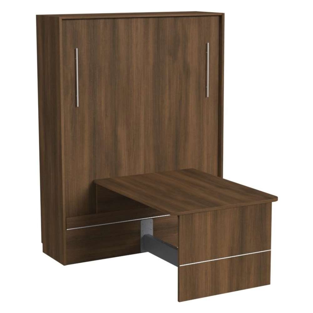 Modern Walnut Inovabed Murphy Bed with Desk photographed at an angle on a white background, closed with the table extended and the footrest panel visible underneath