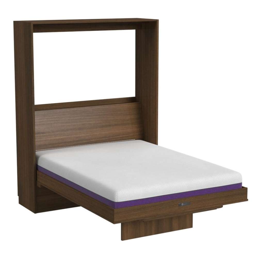 Modern Walnut Inovabed Murphy Bed with Desk photographed at an angle on a white background, opened with a bare white mattress with a purple band and an open shelf above the headboard