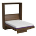 Modern Walnut Inovabed Murphy Bed with Desk photographed at an angle on a white background, opened with a bare white mattress with a purple band and an open shelf above the headboard