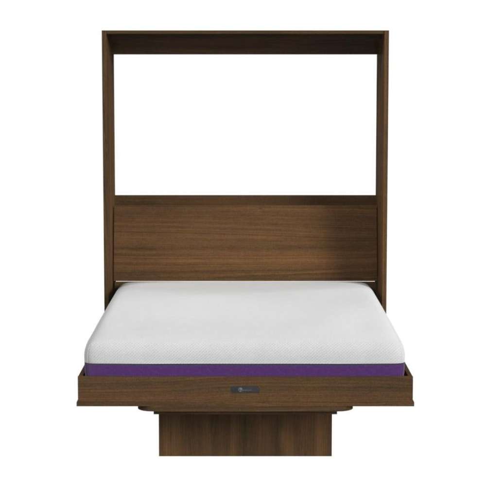 Modern Walnut Inovabed Murphy Bed with Desk seen head-on on a white background, opened with a bare white mattress showing a purple band along its edge
