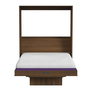 Modern Walnut Inovabed Murphy Bed with Desk seen head-on on a white background, opened with a bare white mattress showing a purple band along its edge