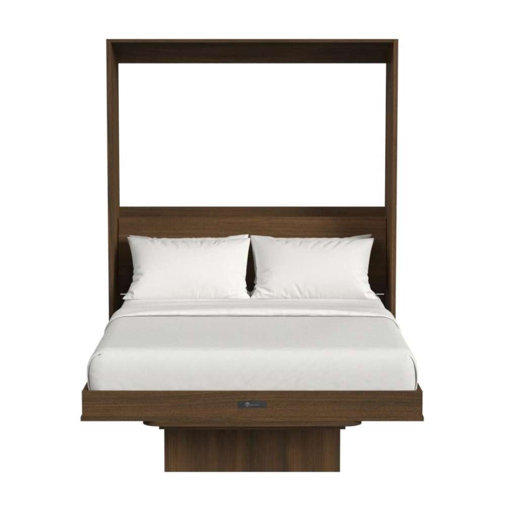 Modern Walnut Inovabed Murphy Bed with Desk seen head-on on a white background, opened with two white pillows, white bedding and the folded table below the foot of the bed