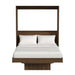 Modern Walnut Inovabed Murphy Bed with Desk seen head-on on a white background, opened with two white pillows, white bedding and the folded table below the foot of the bed