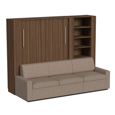 Modern Walnut Inovabed Wall Bed with Extended Sofa angled view of the unit closed as a sofa beside the open side bookcase