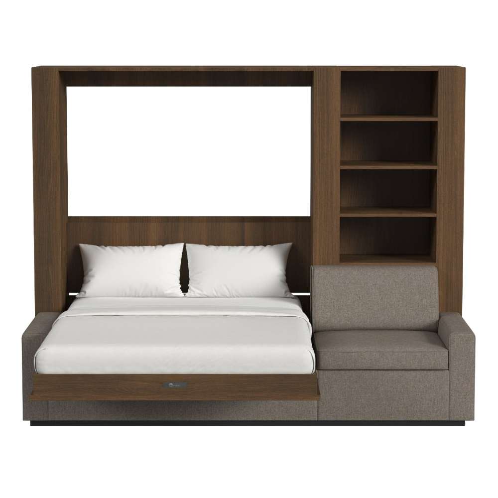 Modern Walnut Inovabed Wall Bed with Extended Sofa head-on studio view with the bed lowered next to the side bookcase