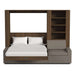 Modern Walnut Inovabed Wall Bed with Extended Sofa head-on studio view with the bed lowered next to the side bookcase