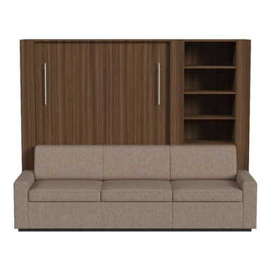 Modern Walnut Inovabed Wall Bed with Extended Sofa head-on view of the unit closed as a sofa with the side bookcase on the right