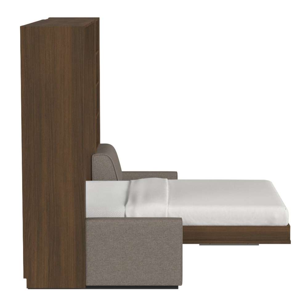 Modern Walnut Inovabed Wall Bed with Extended Sofa side profile with the bed lowered, showing how far the mattress platform extends past the sofa