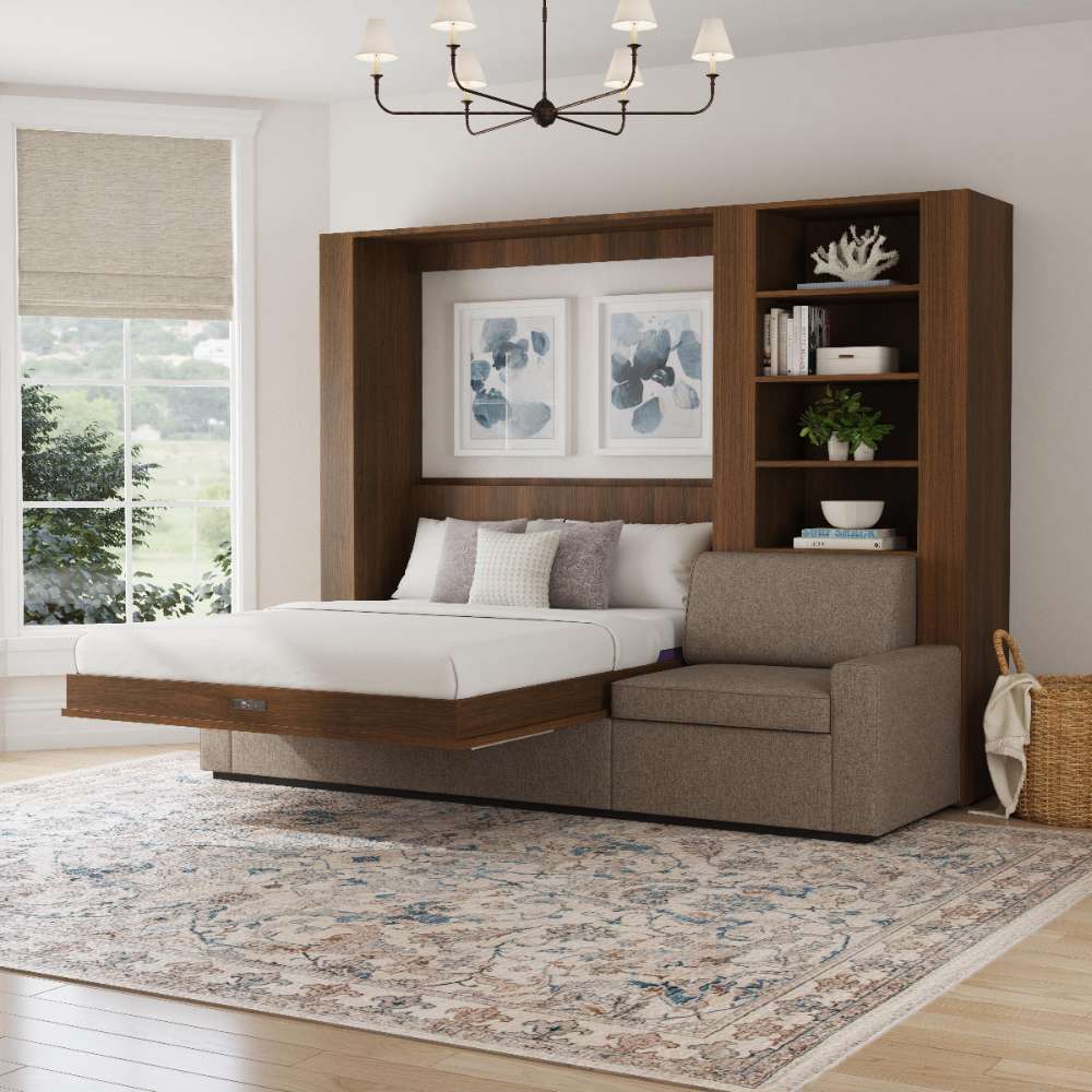 Modern Walnut Inovabed Wall Bed with Extended Sofa styled living room with the bed lowered under a chandelier