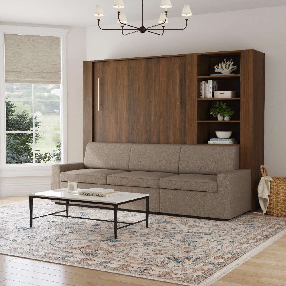 Modern Walnut Inovabed Wall Bed with Extended Sofa styled living room with the unit closed as a sofa under a chandelier and a coffee table in front