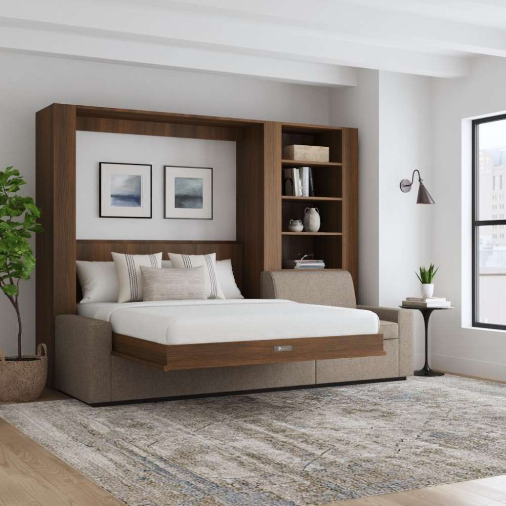 Modern Walnut Inovabed Wall Bed with Extended Sofa styled room with the bed lowered beneath two framed prints
