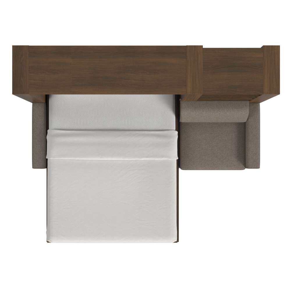 Modern Walnut Inovabed Wall Bed with Extended Sofa top-down view with the bed lowered over the sofa seat