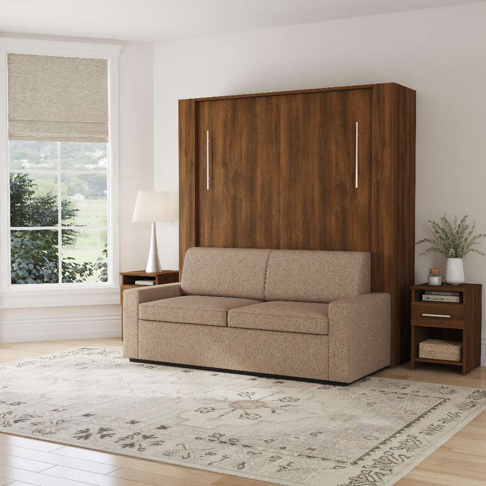 Modern Walnut Inovabed Wall Bed with Sofa and Two Nightstands closed as a beige sofa in a bright room with a nightstand alongside, a roman shade and a floor lamp
