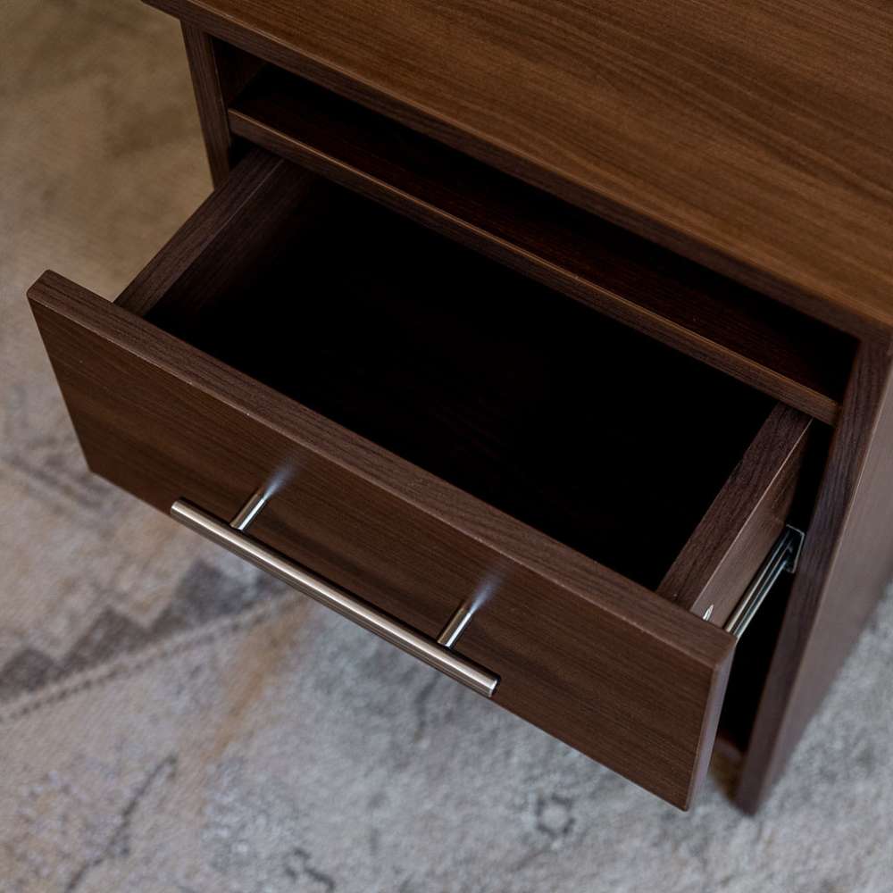 Modern Walnut Inovabed Wall Bed with Sofa and Two Nightstands in close-up with a nightstand drawer pulled open and empty