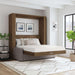 Modern Walnut Inovabed Wall Bed with Sofa and Two Nightstands opened in a loft-style room with white bedding, two framed prints above the headboard and a gray sofa base