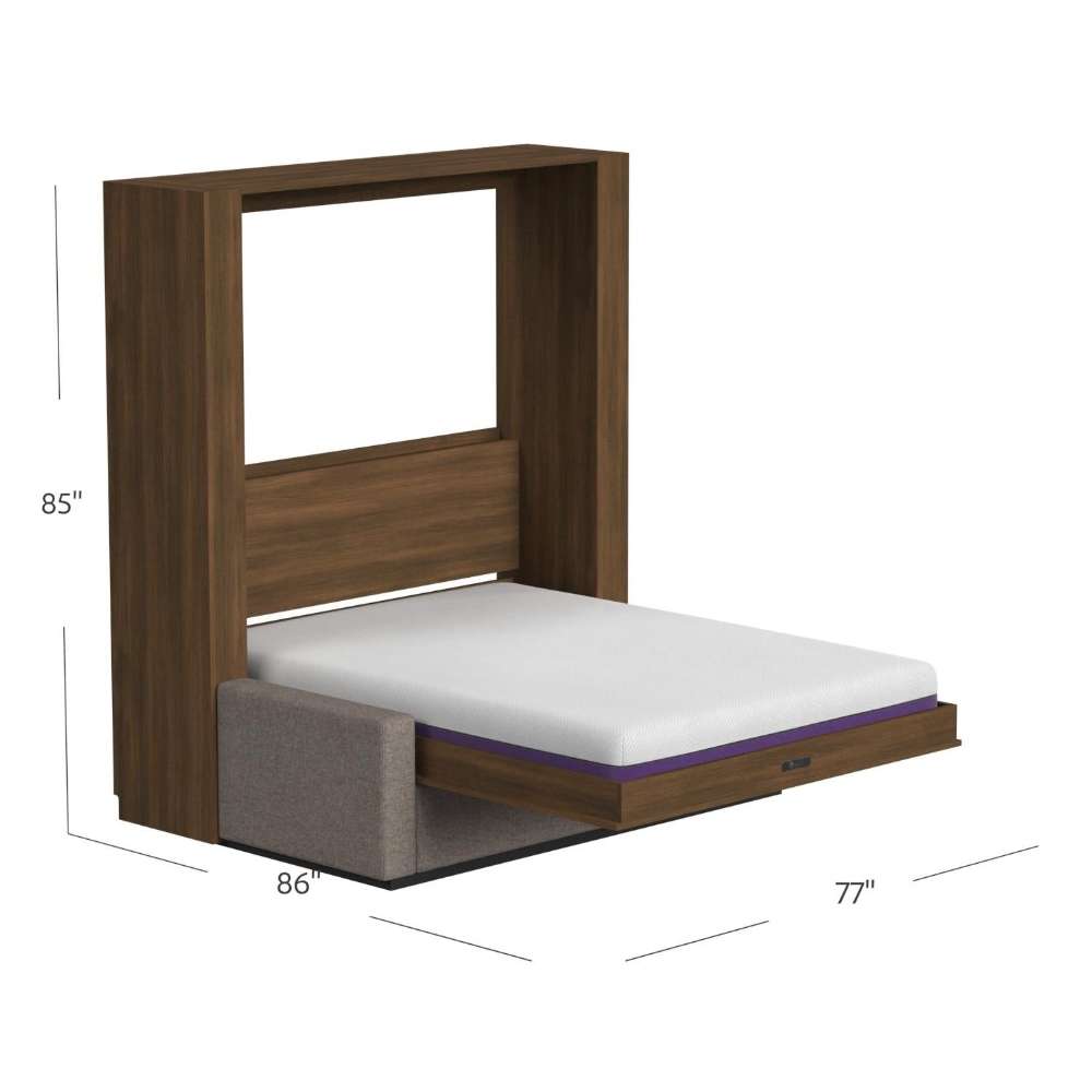 Modern Walnut Inovabed Wall Bed with Sofa and Two Nightstands opened with dimension labels reading 85 inches high, 86 inches deep and 77 inches wide