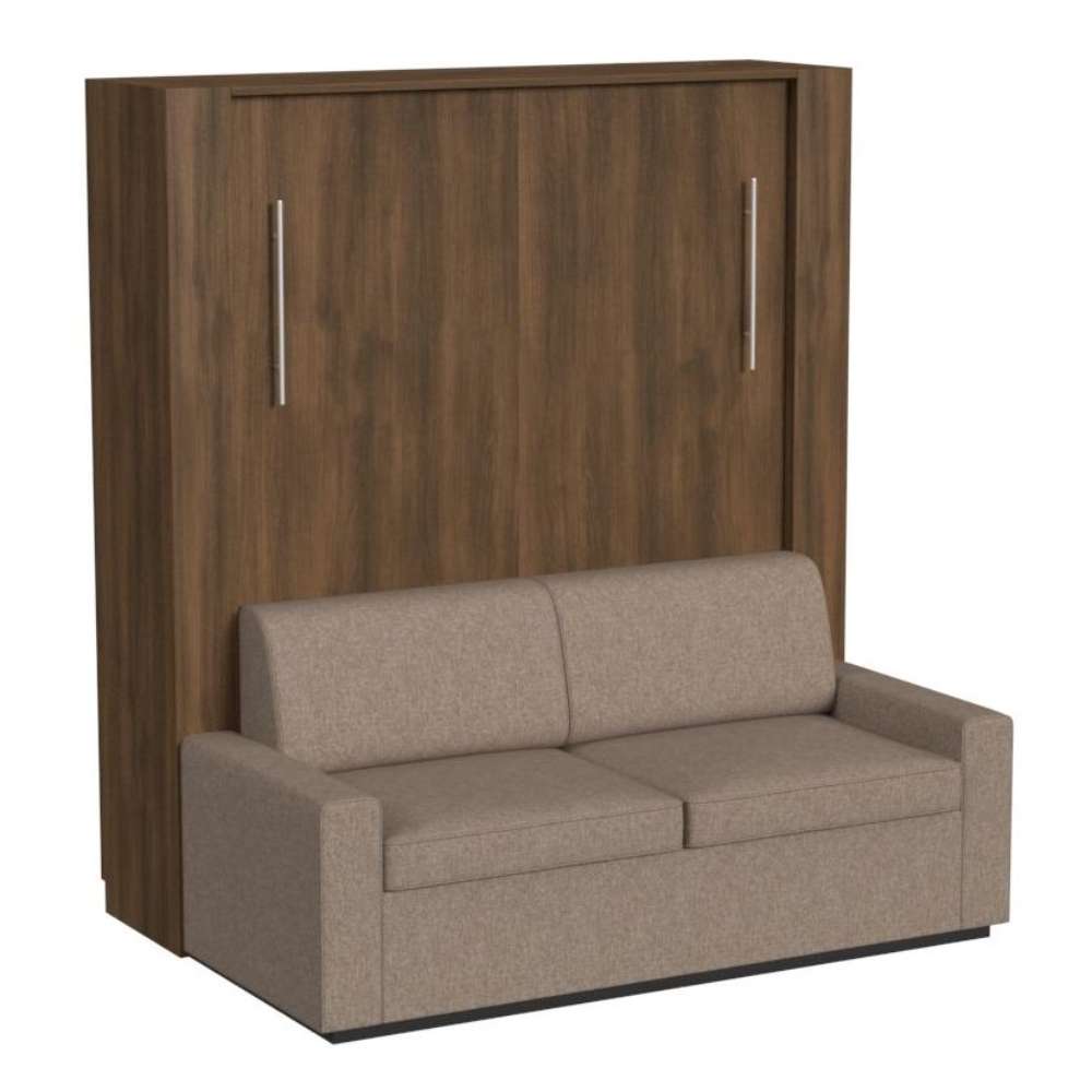 Modern Walnut Inovabed Wall Bed with Sofa and Two Nightstands photographed at an angle on a white background, closed with a two-seat beige sofa in front of the cabinet