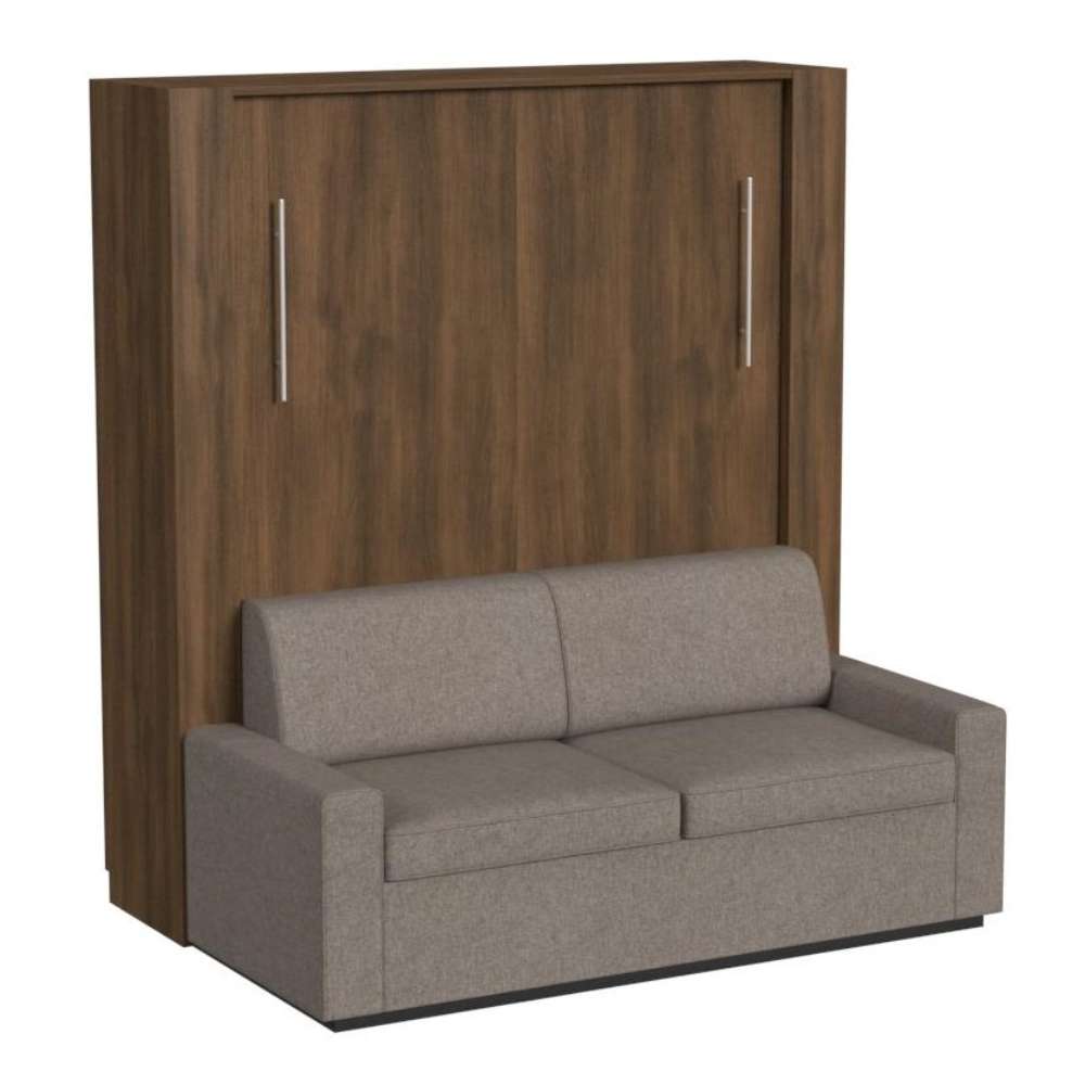 Modern Walnut Inovabed Wall Bed with Sofa and Two Nightstands photographed at an angle on a white background, closed with a two-seat gray sofa in front of the cabinet