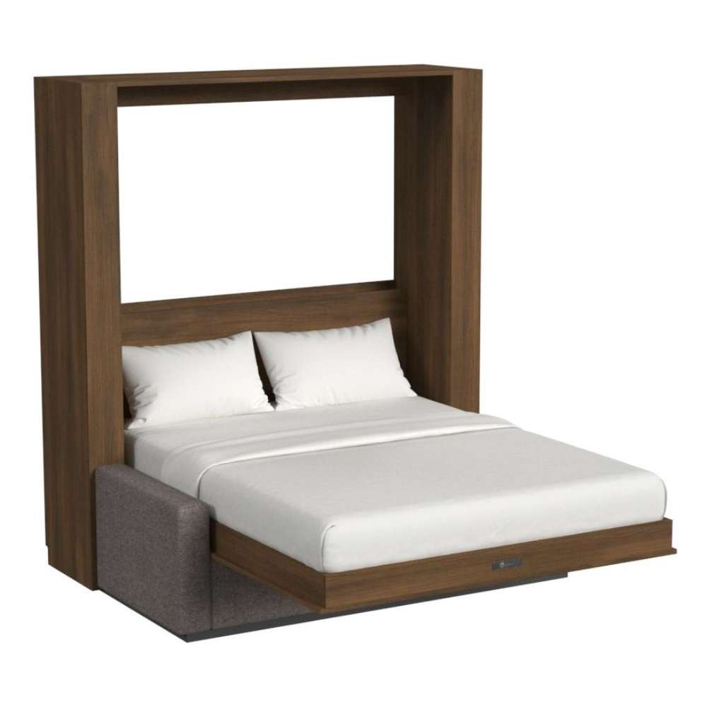 Modern Walnut Inovabed Wall Bed with Sofa and Two Nightstands photographed at an angle on a white background, opened with two white pillows, white bedding and a gray sofa base