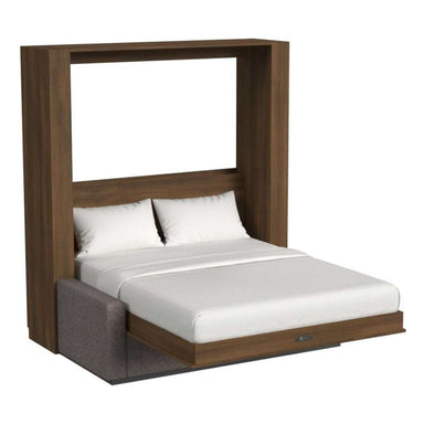 Modern Walnut Inovabed Wall Bed with Sofa and Two Nightstands photographed at an angle on a white background, opened with two white pillows, white bedding and a gray sofa base