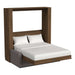 Modern Walnut Inovabed Wall Bed with Sofa and Two Nightstands photographed at an angle on a white background, opened with two white pillows, white bedding and a gray sofa base