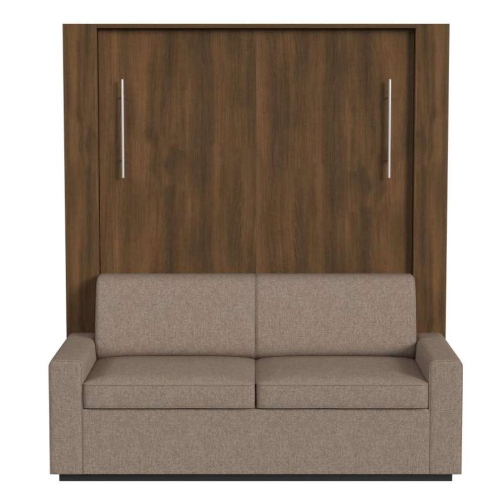 Modern Walnut Inovabed Wall Bed with Sofa and Two Nightstands seen head-on on a white background, closed with a two-seat beige sofa in front of the cabinet