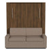 Modern Walnut Inovabed Wall Bed with Sofa and Two Nightstands seen head-on on a white background, closed with a two-seat beige sofa in front of the cabinet