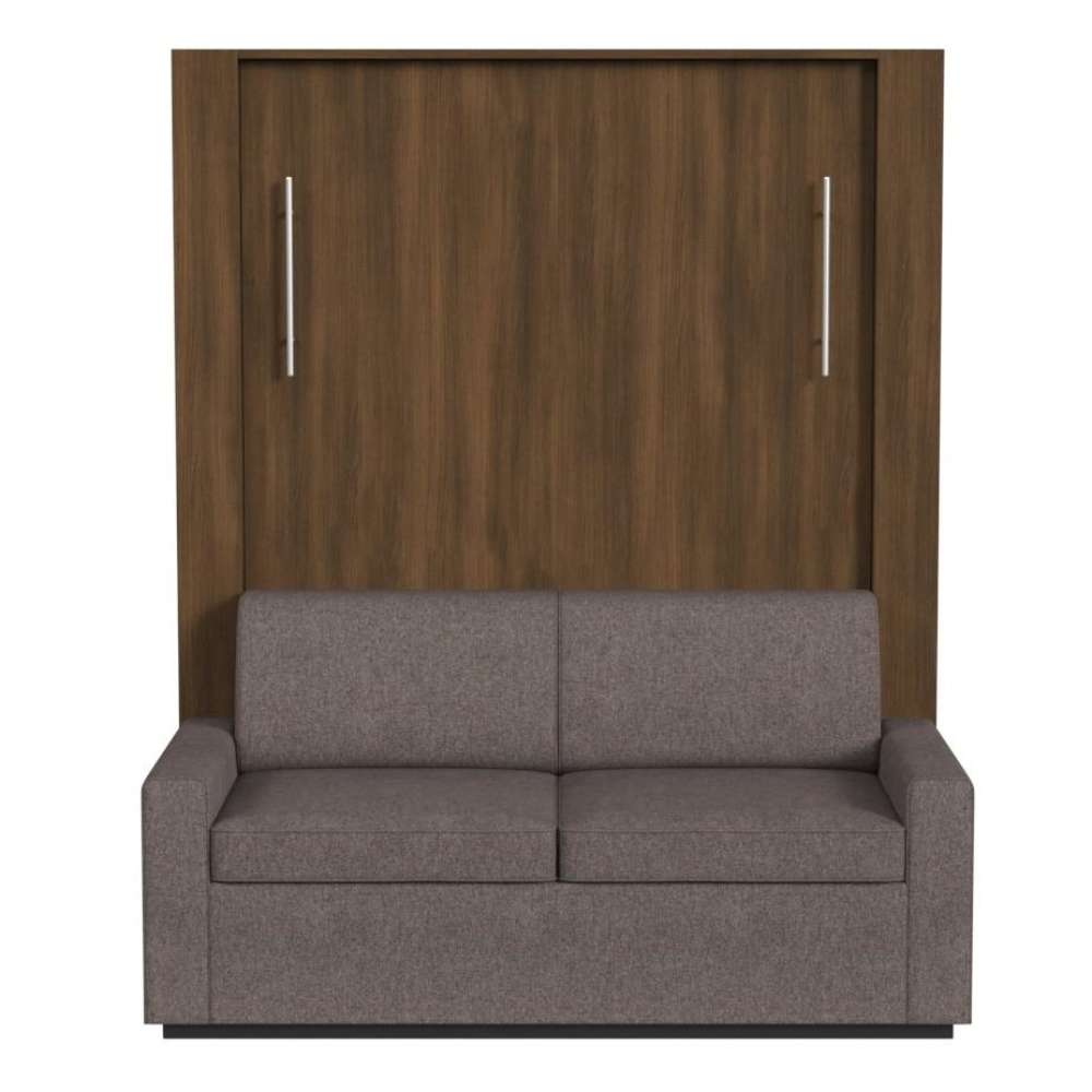 Modern Walnut Inovabed Wall Bed with Sofa and Two Nightstands seen head-on on a white background, closed with a two-seat gray sofa in front of the cabinet