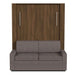 Modern Walnut Inovabed Wall Bed with Sofa and Two Nightstands seen head-on on a white background, closed with a two-seat gray sofa in front of the cabinet