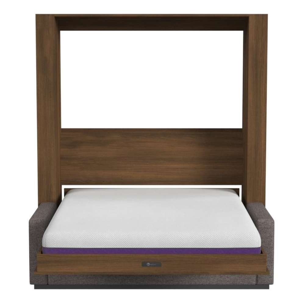 Modern Walnut Inovabed Wall Bed with Sofa and Two Nightstands seen head-on on a white background, opened with a bare mattress showing a purple band along its edge