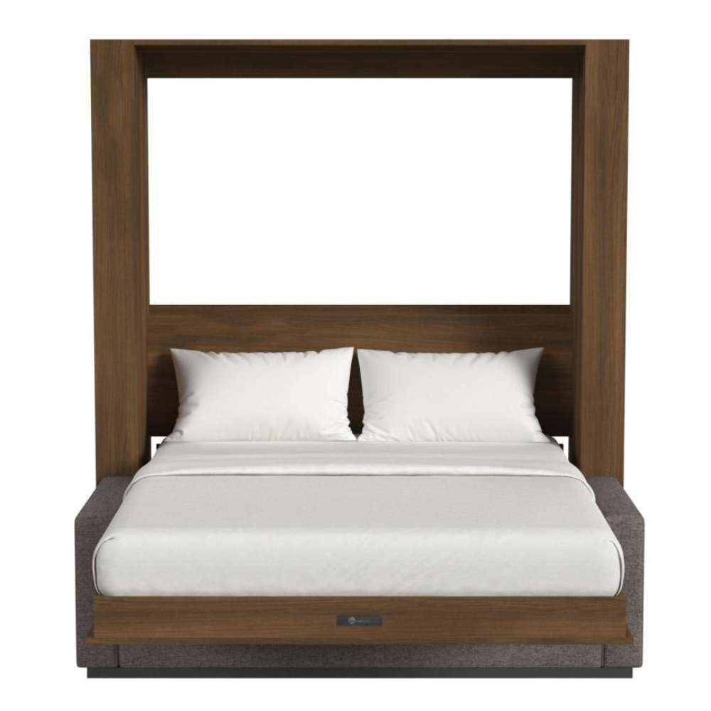 Modern Walnut Inovabed Wall Bed with Sofa and Two Nightstands seen head-on on a white background, opened with two white pillows, white bedding and a dark sofa base