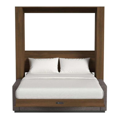 Modern Walnut Inovabed Wall Bed with Sofa and Two Nightstands seen head-on on a white background, opened with two white pillows, white bedding and a dark sofa base
