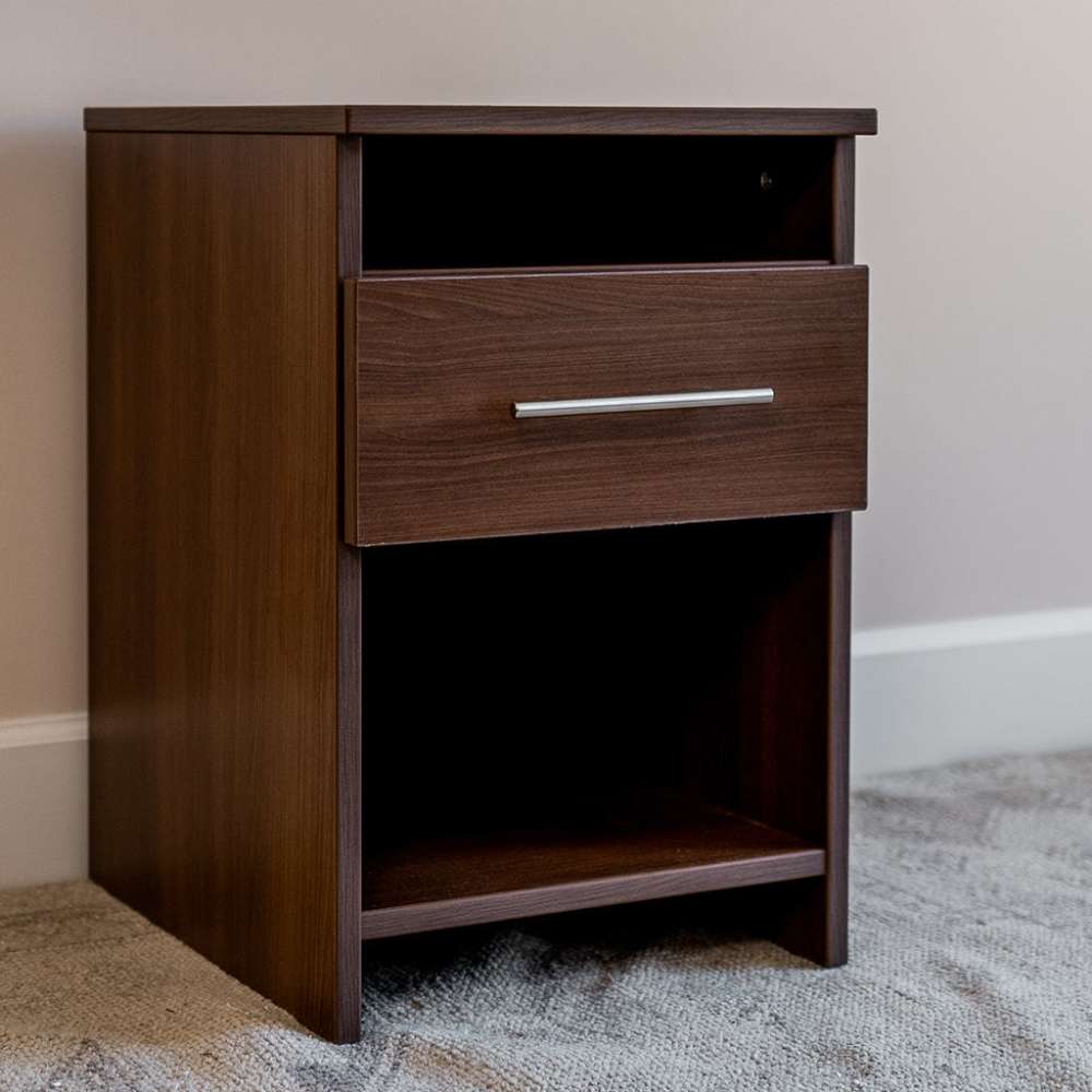 Modern Walnut Inovabed Wall Bed with Sofa and Two Nightstands showing one nightstand at an angle against a wall in a carpeted room