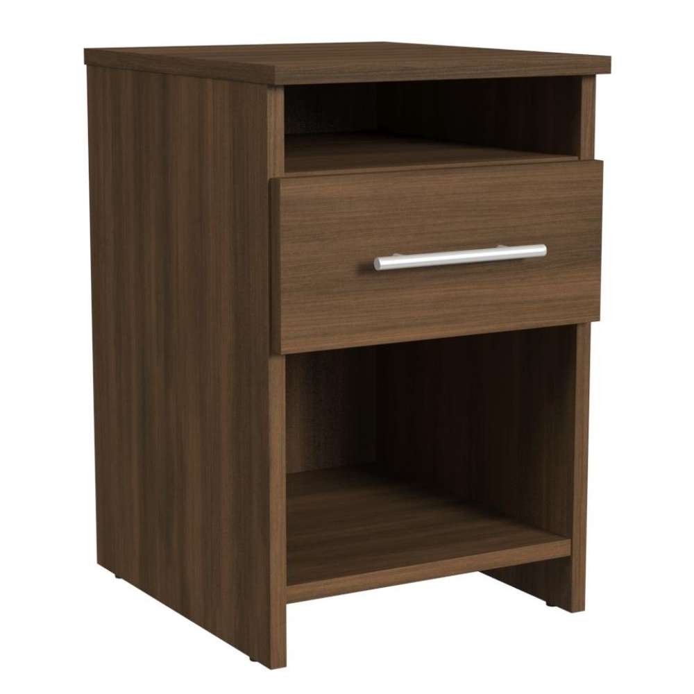 Modern Walnut Inovabed Wall Bed with Sofa and Two Nightstands showing one nightstand at an angle on a white background