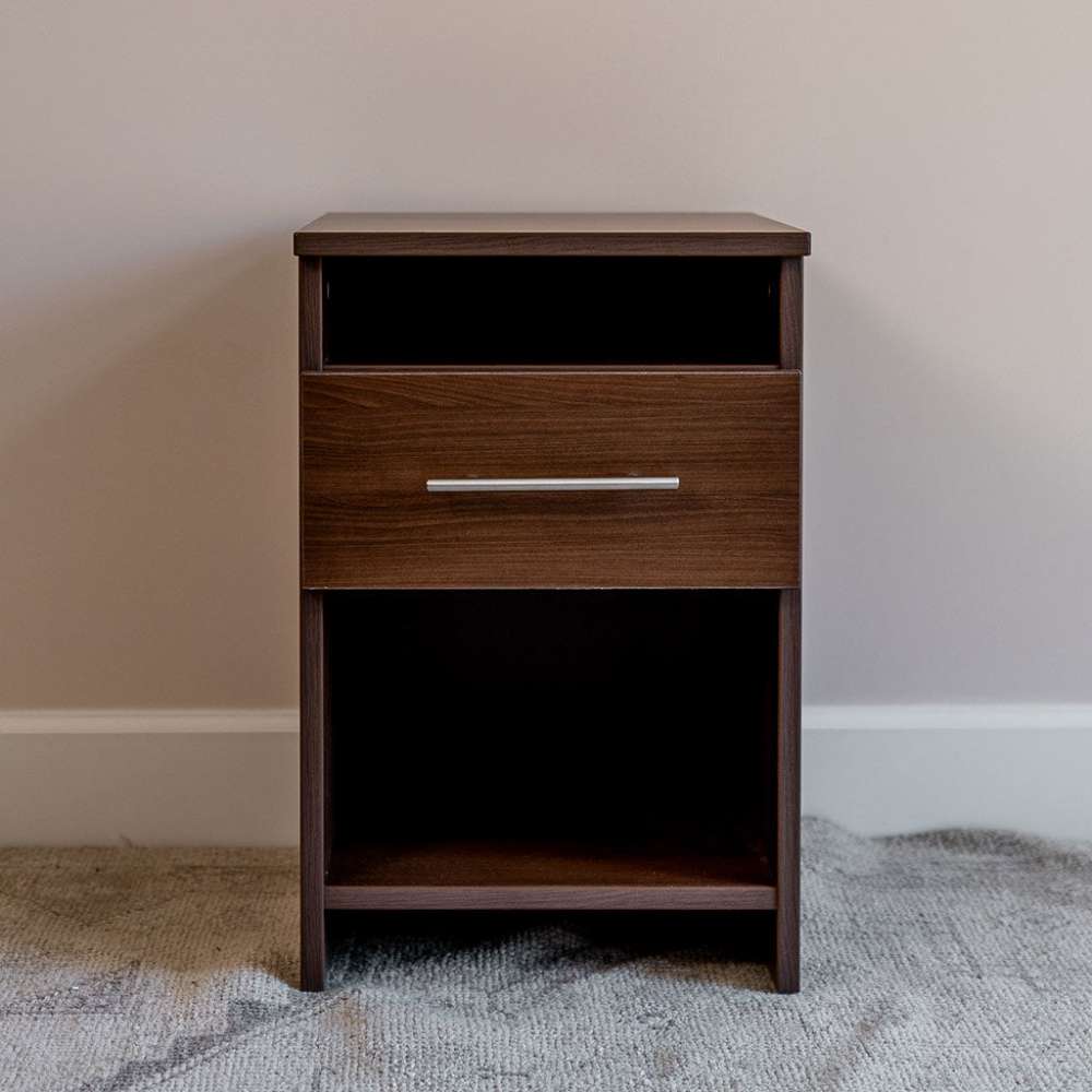 Modern Walnut Inovabed Wall Bed with Sofa and Two Nightstands showing one nightstand head-on against a wall, with an open cubby above a drawer and a lower shelf
