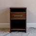Modern Walnut Inovabed Wall Bed with Sofa and Two Nightstands showing one nightstand head-on against a wall, with an open cubby above a drawer and a lower shelf