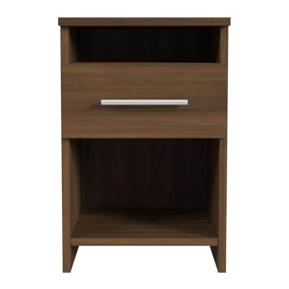 Modern Walnut Inovabed Wall Bed with Sofa and Two Nightstands showing one nightstand head-on on a white background