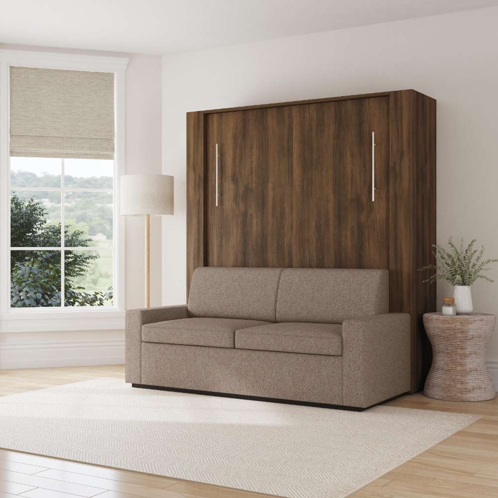 Modern Walnut Inovabed Wall Bed with Sofa and Wide Flex Cabinet closed as a sofa in a bright room with a roman shade, a floor lamp and a woven side table