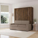 Modern Walnut Inovabed Wall Bed with Sofa and Wide Flex Cabinet closed as a sofa in a bright room with a roman shade, a floor lamp and a woven side table
