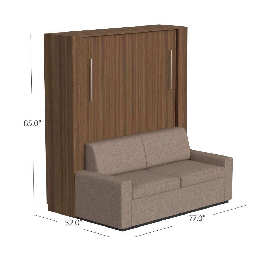 Modern Walnut Inovabed Wall Bed with Sofa and Wide Flex Cabinet closed as a sofa with dimension labels reading 85 inches high, 52 inches deep and 77 inches wide