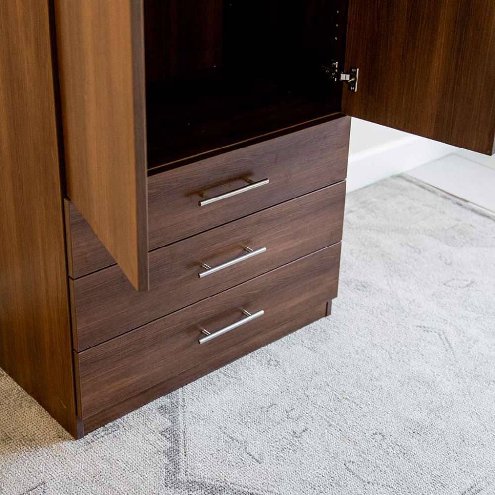 Modern Walnut Inovabed Wall Bed with Sofa and Wide Flex Cabinet in close-up on the lower Wide Flex Cabinet drawers with one door standing open beside them