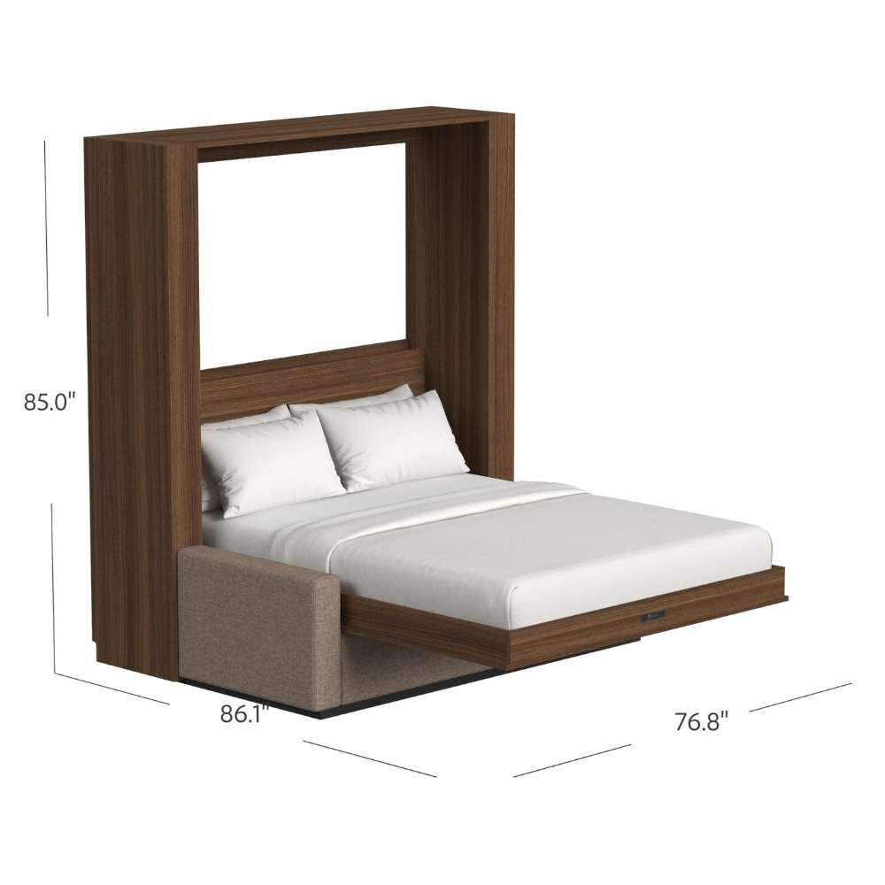 Modern Walnut Inovabed Wall Bed with Sofa and Wide Flex Cabinet opened with dimension labels reading 85 inches high, 86 inches deep and 76.8 inches wide
