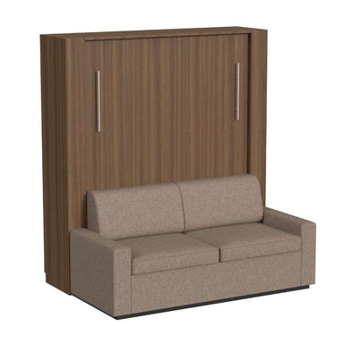 Modern Walnut Inovabed Wall Bed with Sofa and Wide Flex Cabinet photographed at an angle on a white background, closed with a two-seat beige sofa in front of the cabinet