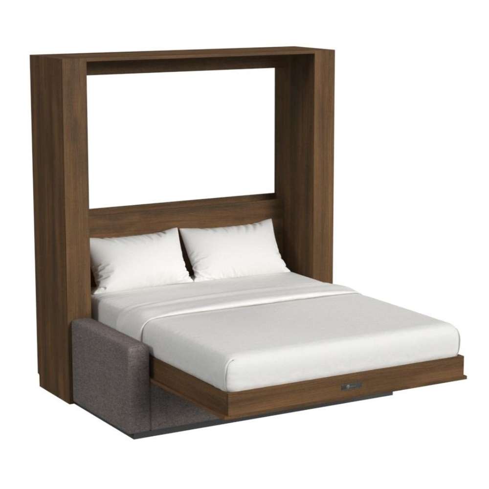 Modern Walnut Inovabed Wall Bed with Sofa and Wide Flex Cabinet photographed at an angle on a white background, opened with two white pillows, white bedding and a gray sofa base