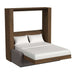 Modern Walnut Inovabed Wall Bed with Sofa and Wide Flex Cabinet photographed at an angle on a white background, opened with two white pillows, white bedding and a gray sofa base