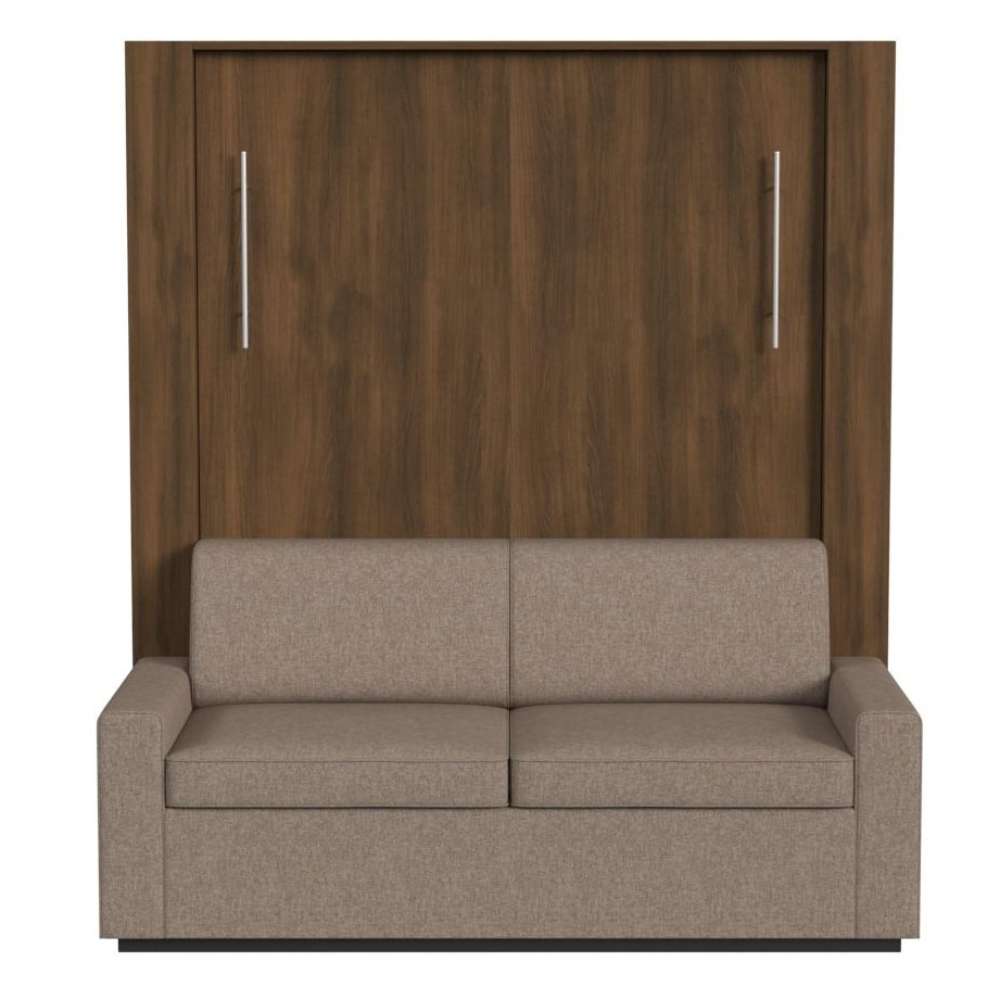 Modern Walnut Inovabed Wall Bed with Sofa and Wide Flex Cabinet seen head-on on a white background, closed with a two-seat beige sofa in front of the cabinet